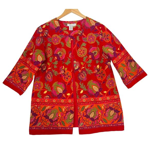 Coldwater Creek Jackets & Blazers - VTG Coldwater Creek Linen Red Bohemian Open Jacket sz Petite L Paisley Southwest
